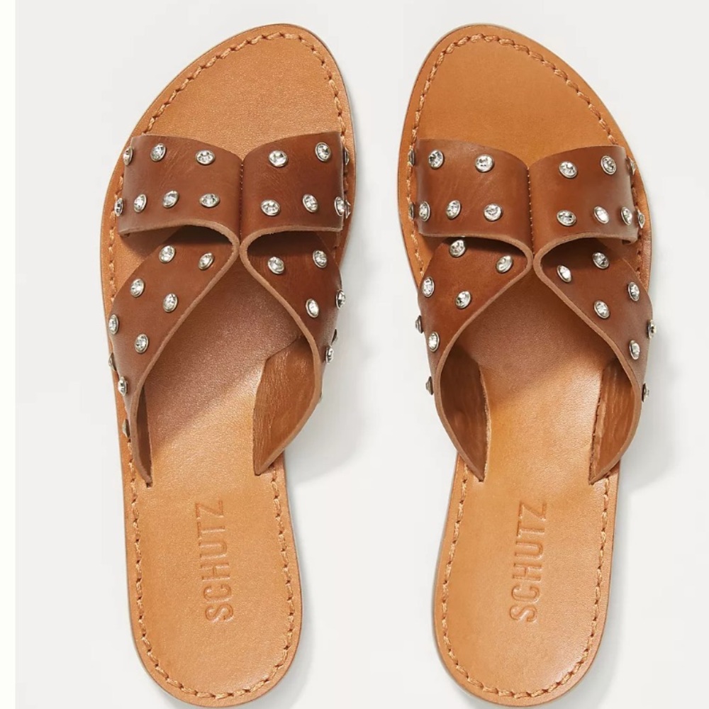 Schutz Gem-Studded Brown 100% Leather Sandals Size 71/2